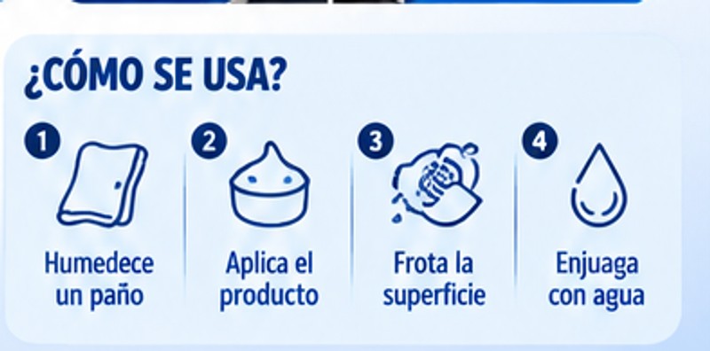 Cómo se usa: humedece un paño, aplica el producto, frota la superficie, enjuaga con agua